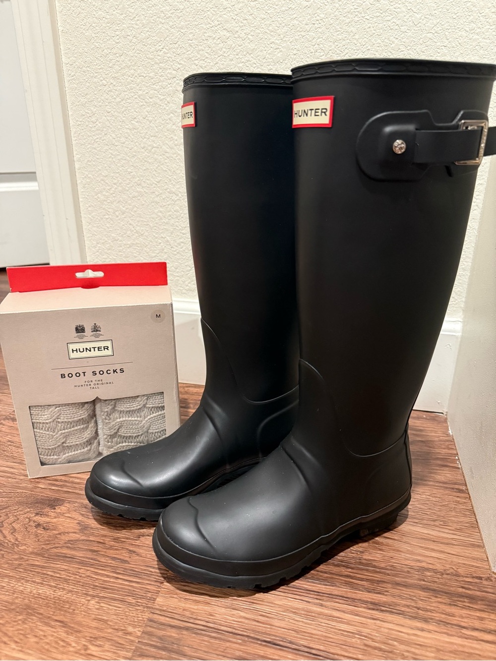 Hunter Black Tall Rain Boots with Neutral Boot Socks